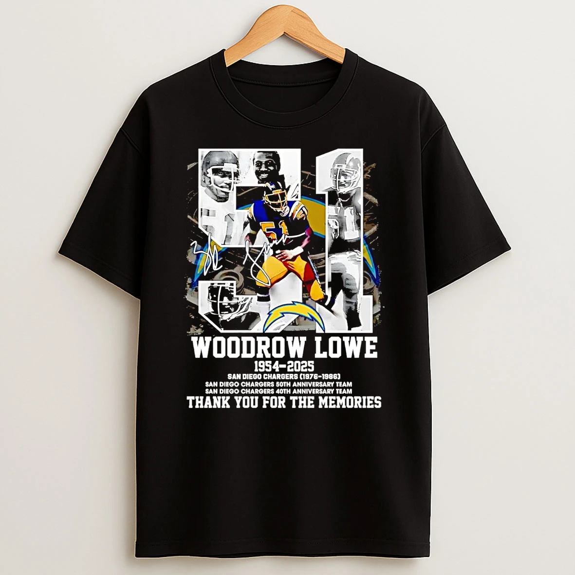 Woodrow Lowe 1954 2025 San Diego Chargers Thank You For The Memories Shirts