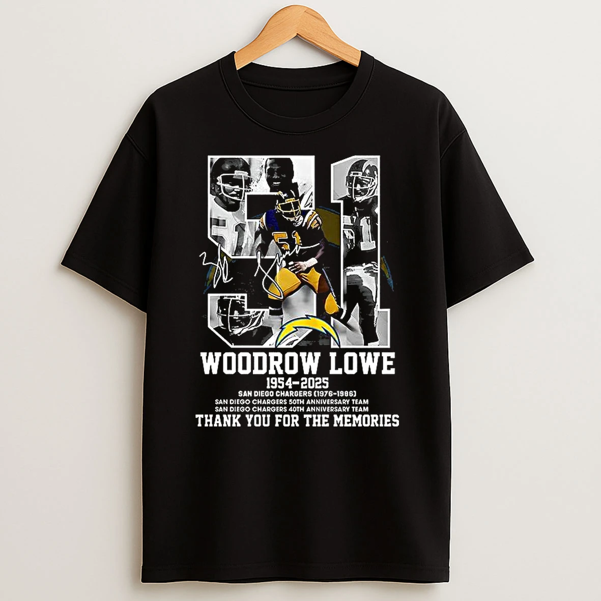 Woodrow Lowe San Diego Chargers 1954 2025 Thank You For The Memories Signature Shirts