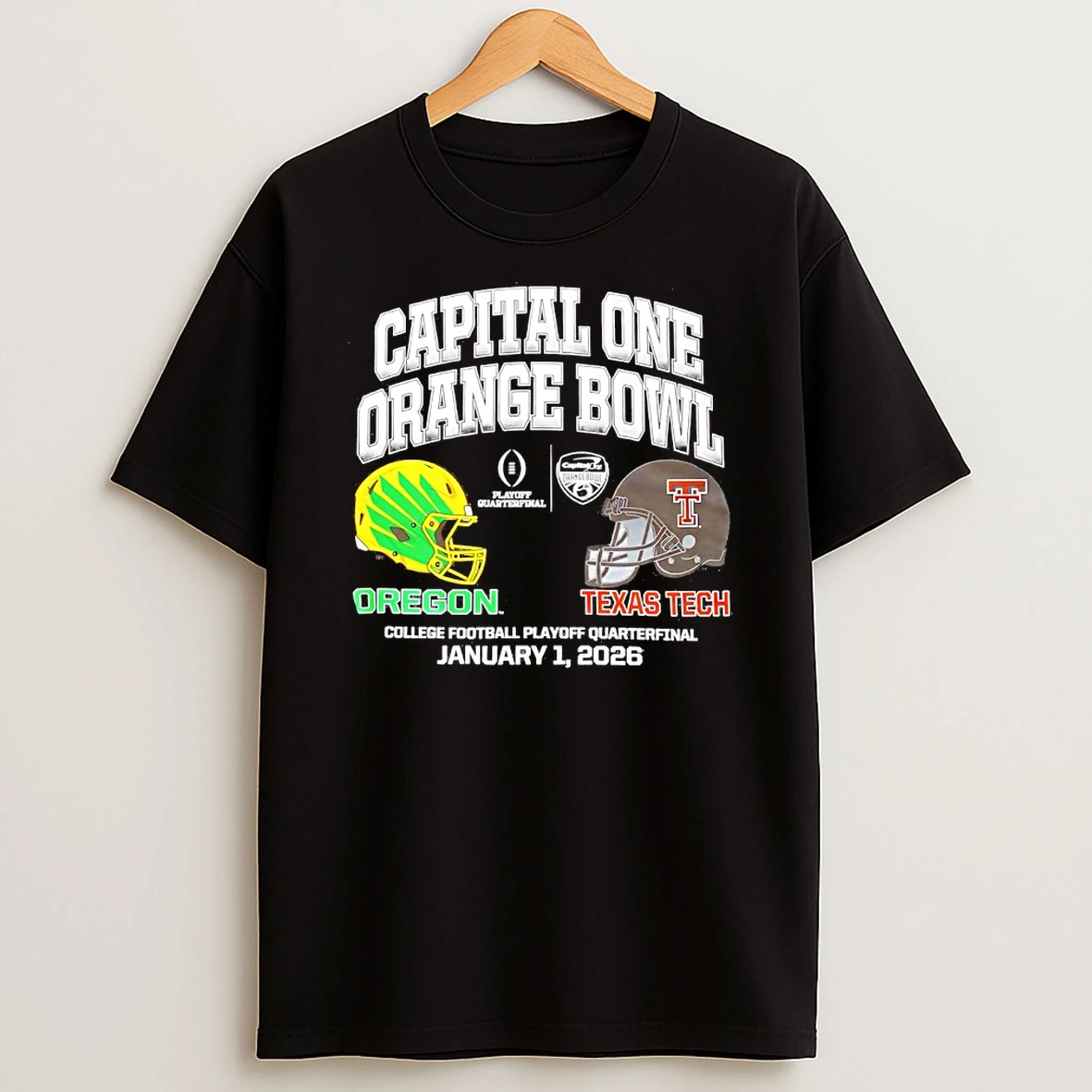 2026 Oregon Vs Texas Tech Capital One Orange Bowl Helmet Shirts
