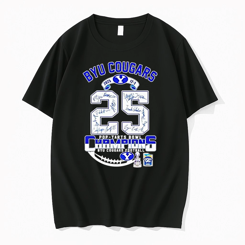 Byu Cougars 2025 Pop Tarts Bowl Champions Trophy Signatures Shirts
