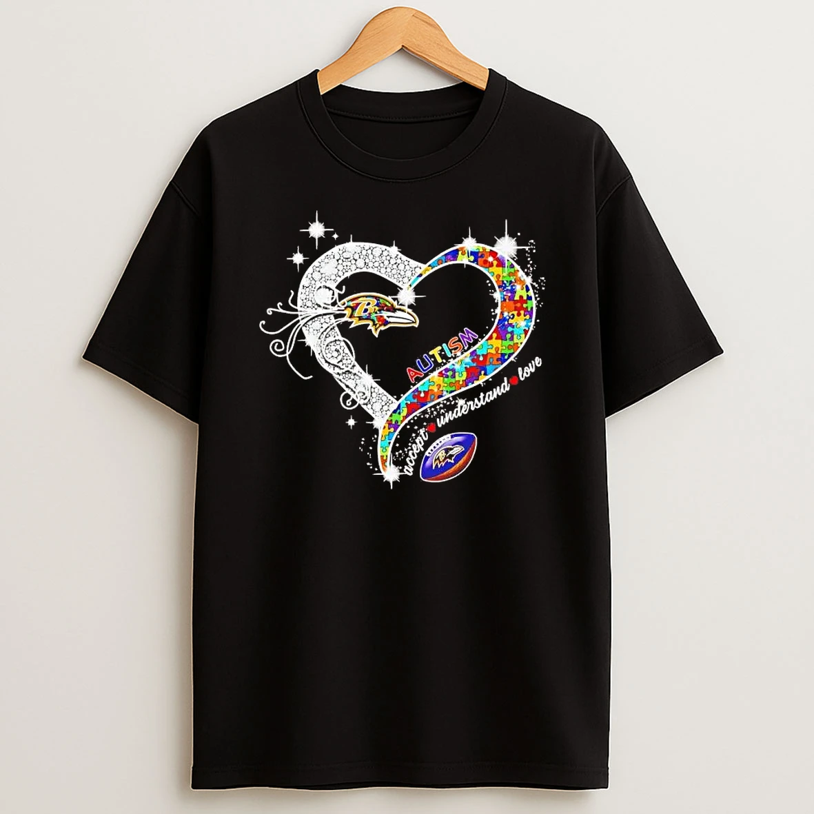 Baltimore Ravens Autism Accept Understand Love Diamond Heart Shirts