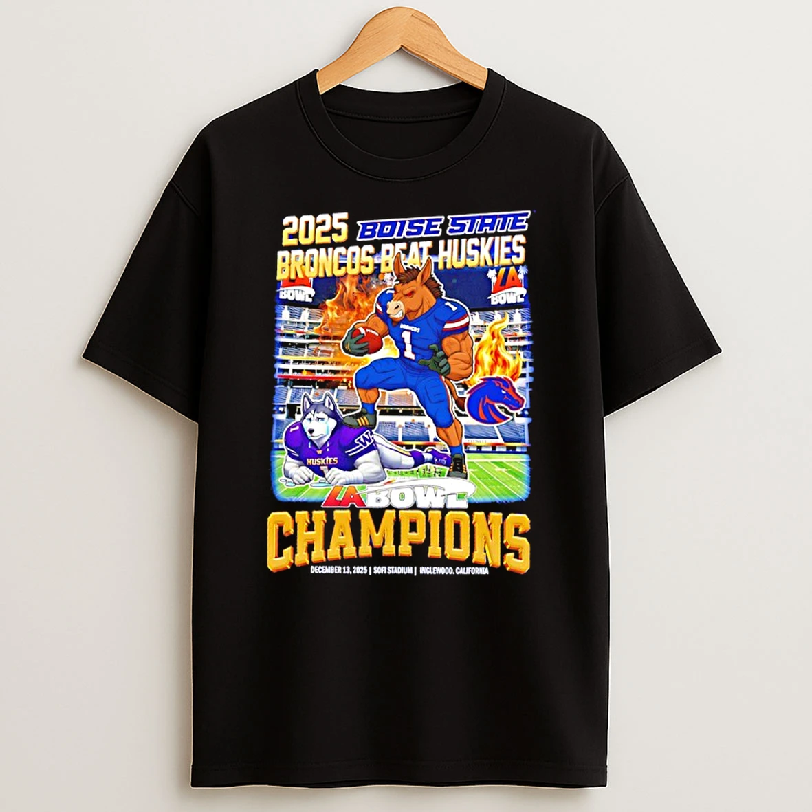 Boise State Broncos Beat Huskies 2025 La Bowl Champions Mascot Shirts