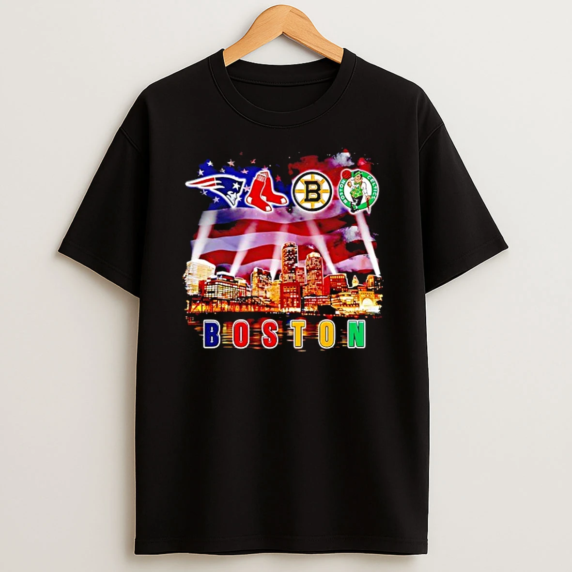 Boston City Skyline Boston Red Sox New England Patriots Boston Celtics And Boston Bruins On Usa Flag Shirts