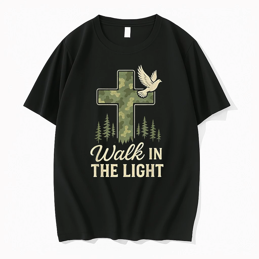 Camo Christian Cross Walk In The Light Bible Verse Shirts