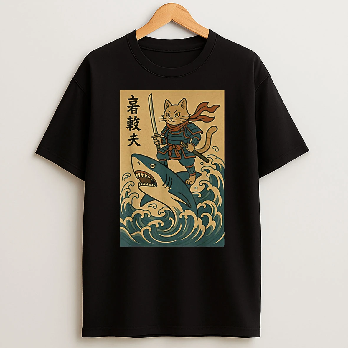 Cat Samurai Riding Shark Great Wave Japanese Anime Shirts
