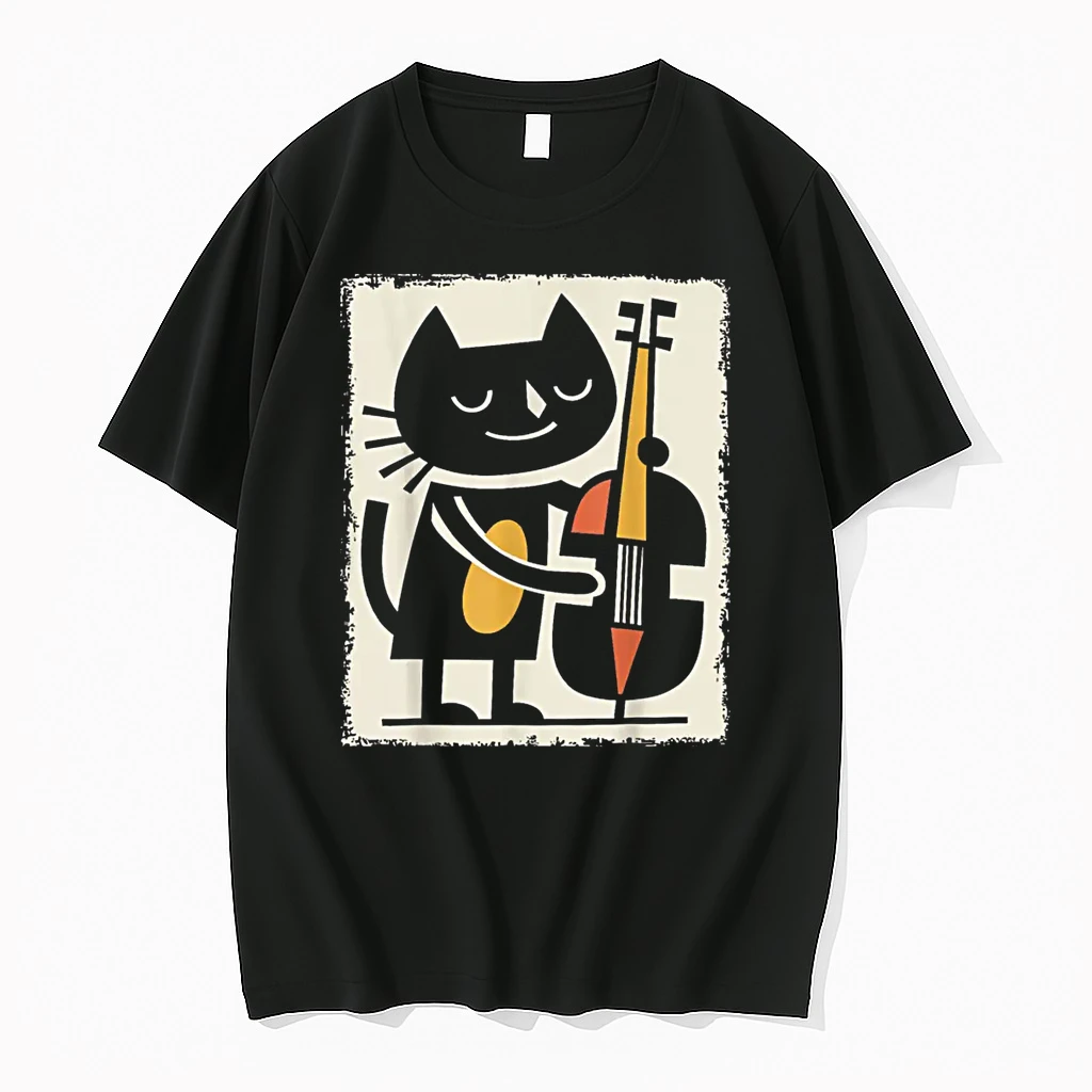 Cat Upright Bass Illustration Jazz Cartoon Art Shirts