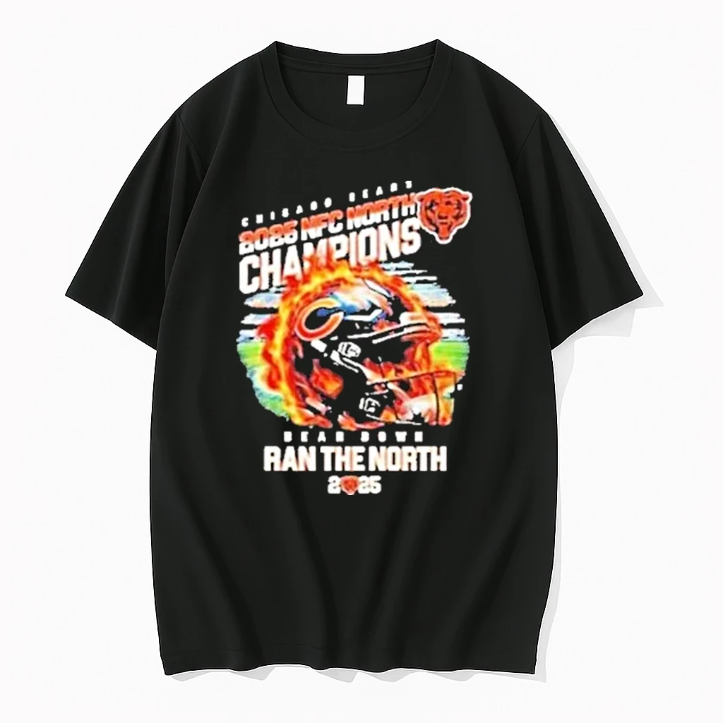 Chicago Bears 2025 Nfc North Champions Bear Down Ran The North Helmet Flames Shirts