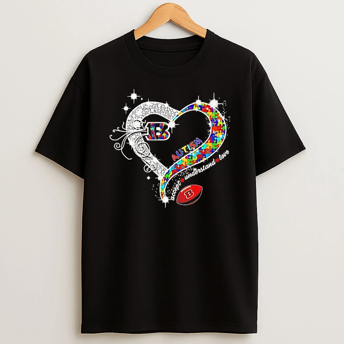 Cincinnati Bengals Autism Accept Understand Love Diamond Heart Shirts
