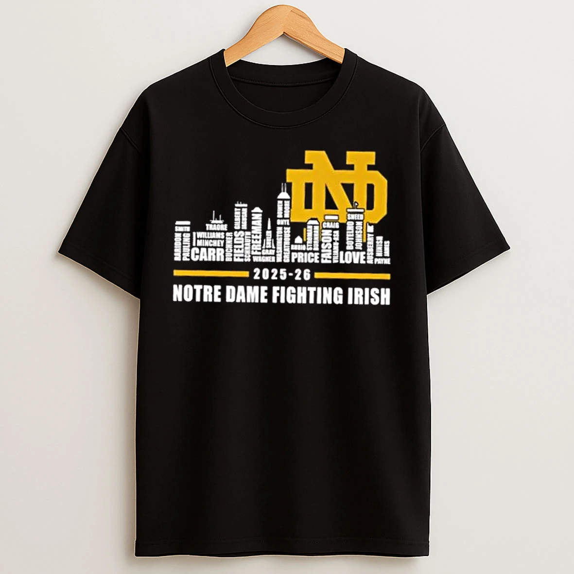 Classic 2025 26 Notre Dame Fighting Irish Football All Names City Skyline T Shirts
