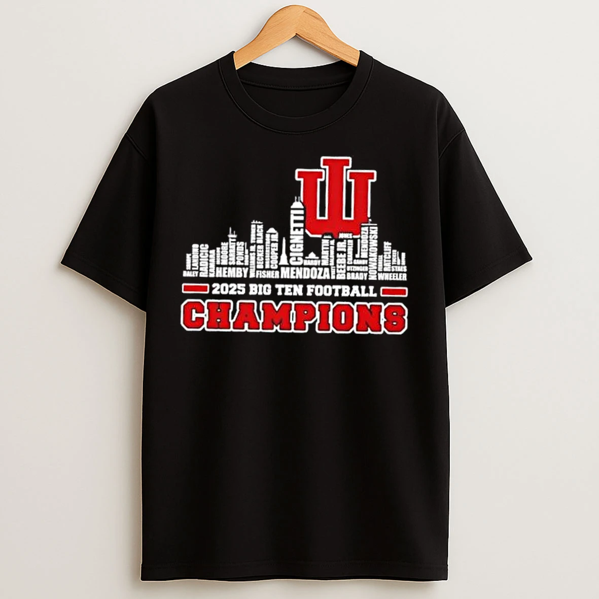 Classic 2025 Big Ten Football Champions Indiana Hoosiers All Names City Skyline T Shirts