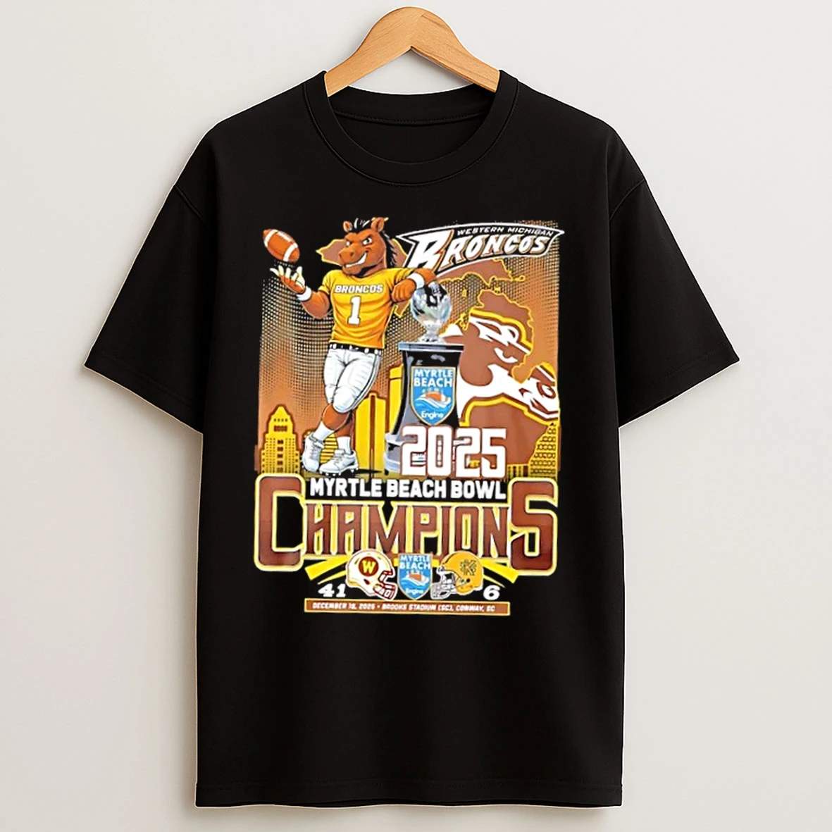 Classic 2025 Myrtle Beach Bowl Champions Western Michigan Broncos Mascot Skyline T Shirts