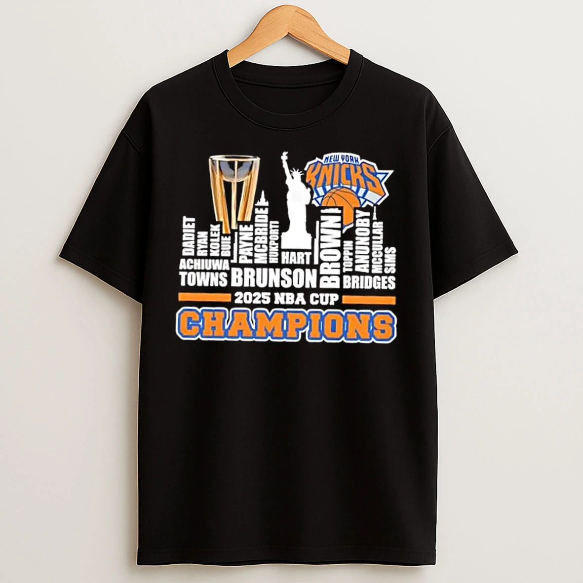 Classic 2025 Nba Cup Champions New York Knicks All Names City Skyline T Shirts