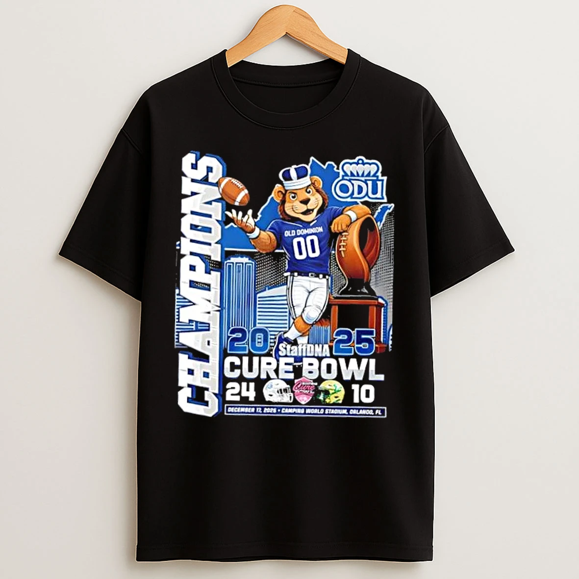Classic 2025 Staffdna Cure Bowl Champions Old Dominion Monarchs Mascot T Shirts