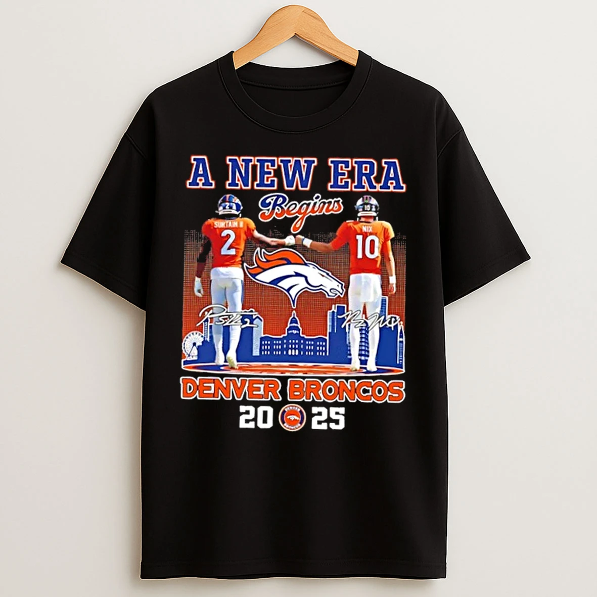 Classic 2025 A New Era Begins Surtain Ii X Nix Denver Broncos Skyline T Shirts