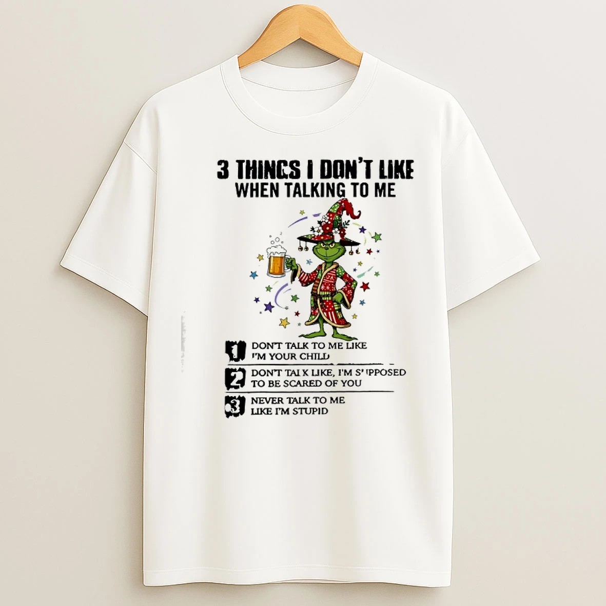 Classic 3 Things I Dont Like When Talking %cf%84%ce%bf Me Grinch Christmas T Shirts