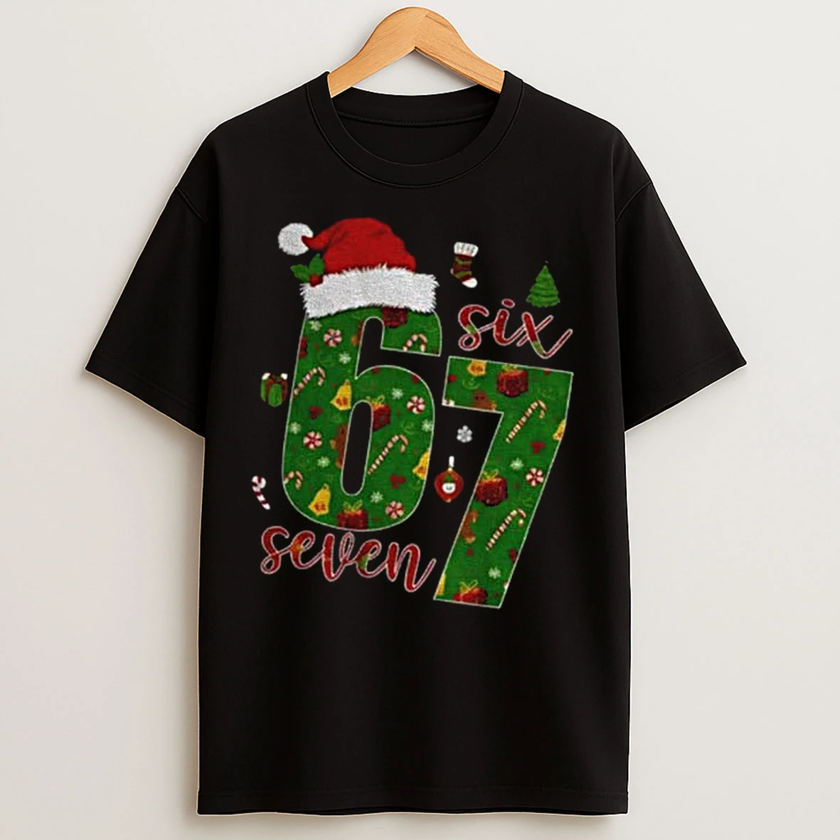 Classic 6 7 Meme Viral Tiktok Trend Santa Hat Christmas T Shirts