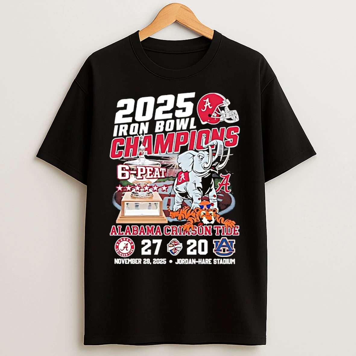 Classic Alabama Crimson Tide 2025 Iron Bowl Champions 6 Peat 27 20 Score Mascot T Shirts