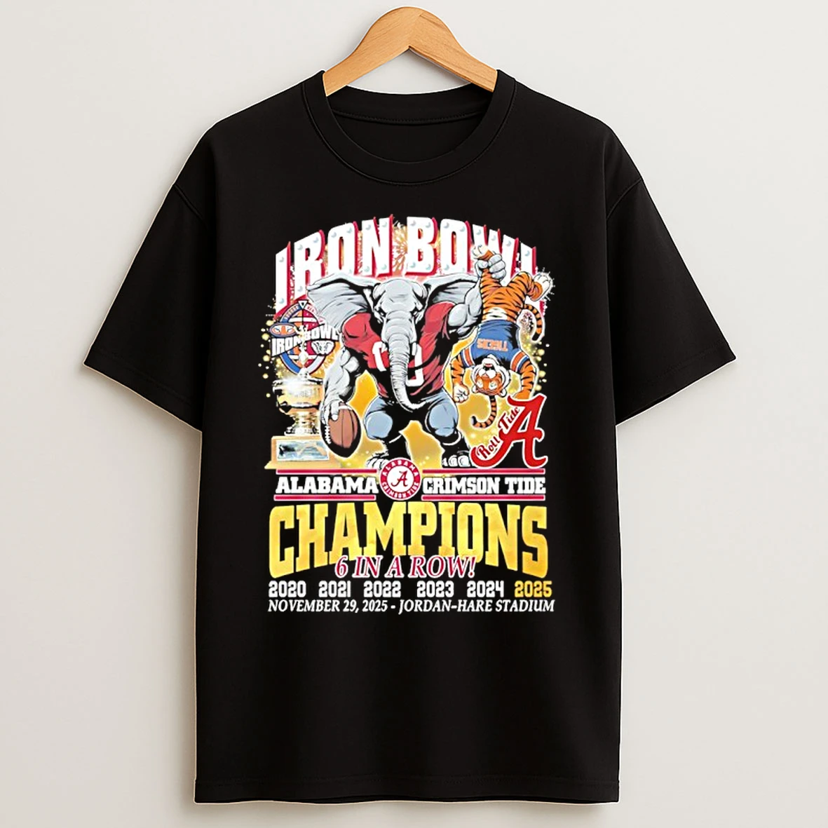 Classic Alabama Crimson Tide 2025 Iron Bowl Champions 6 In A Row Mascot T Shirts