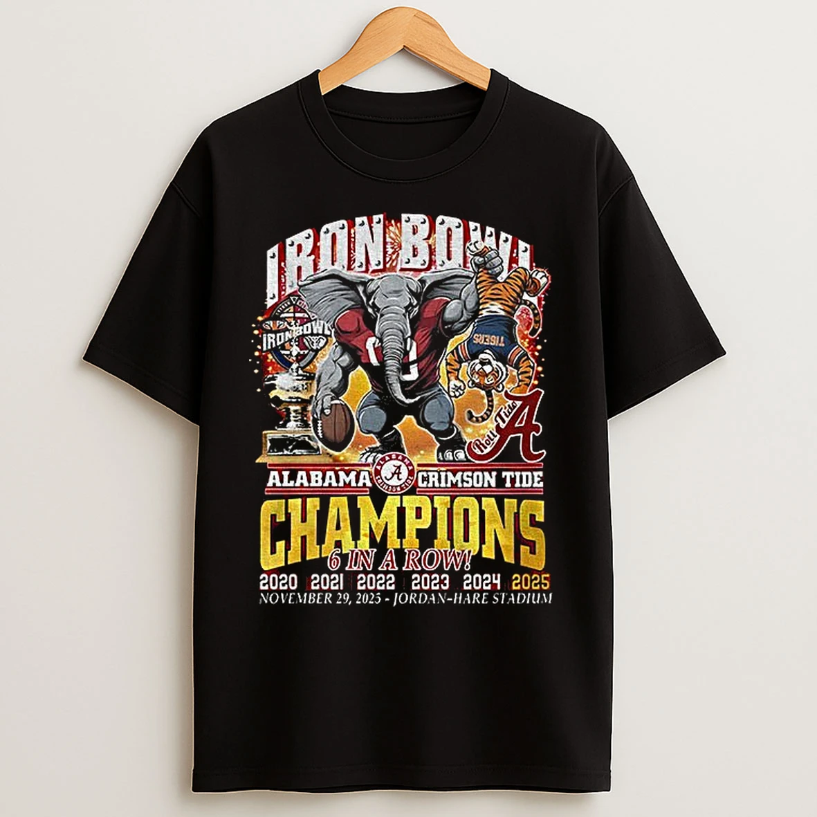 Classic Alabama Crimson Tide Football Iron Bowl Champions 6 In A Row 2020 2025 T Shirts