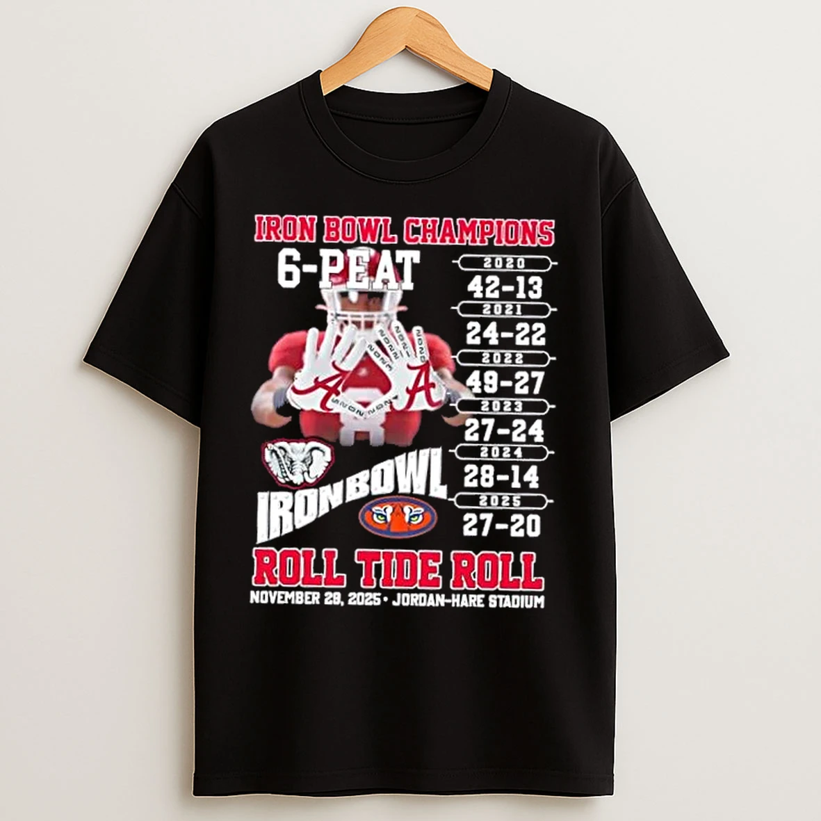 Classic Alabama Crimson Tide Iron Bowl Champions 6 Peat 2020 2025 Roll Tide Roll T Shirts