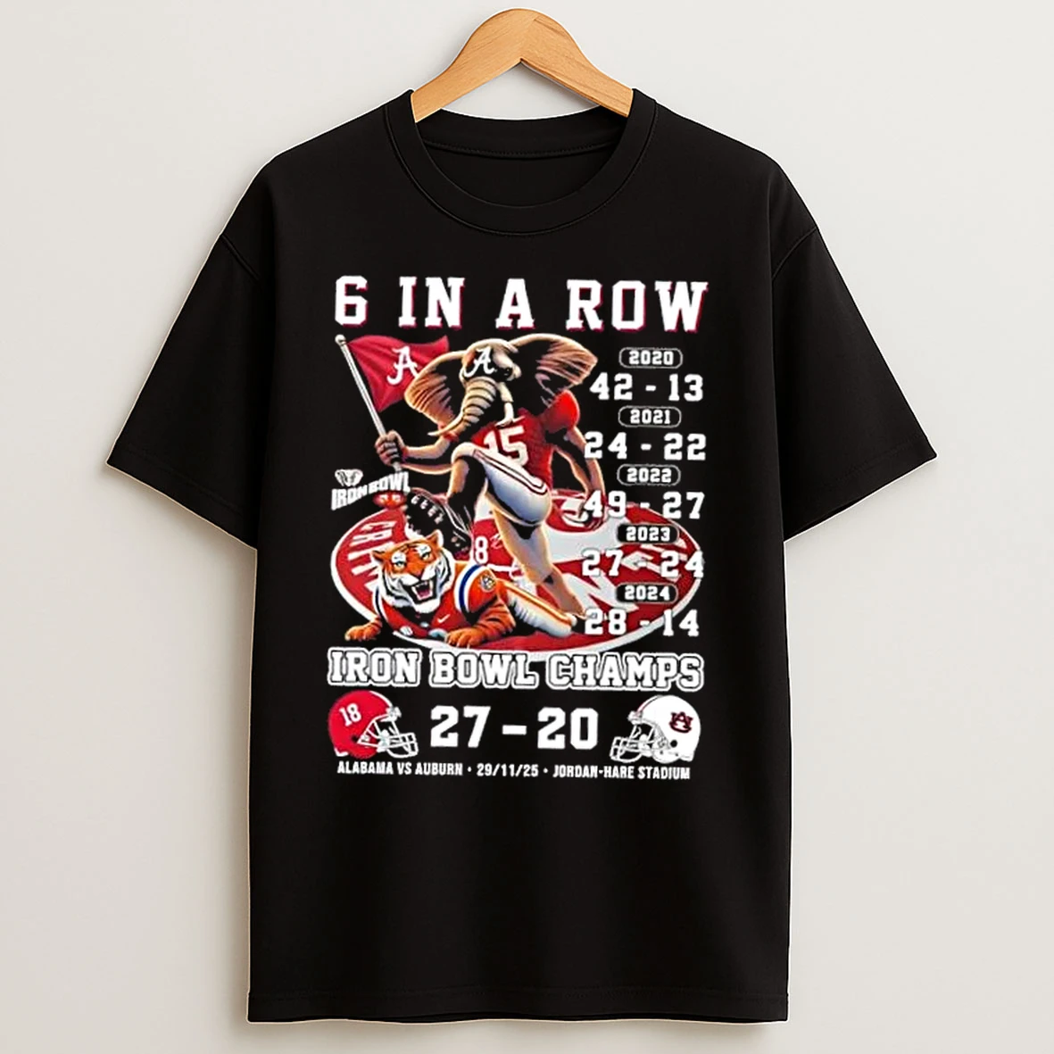 Classic Alabama Crimson Tide Vs Auburn Tigers 6 In A Row Iron Bowl Champs Jordan Hare Stadium T Shirts
