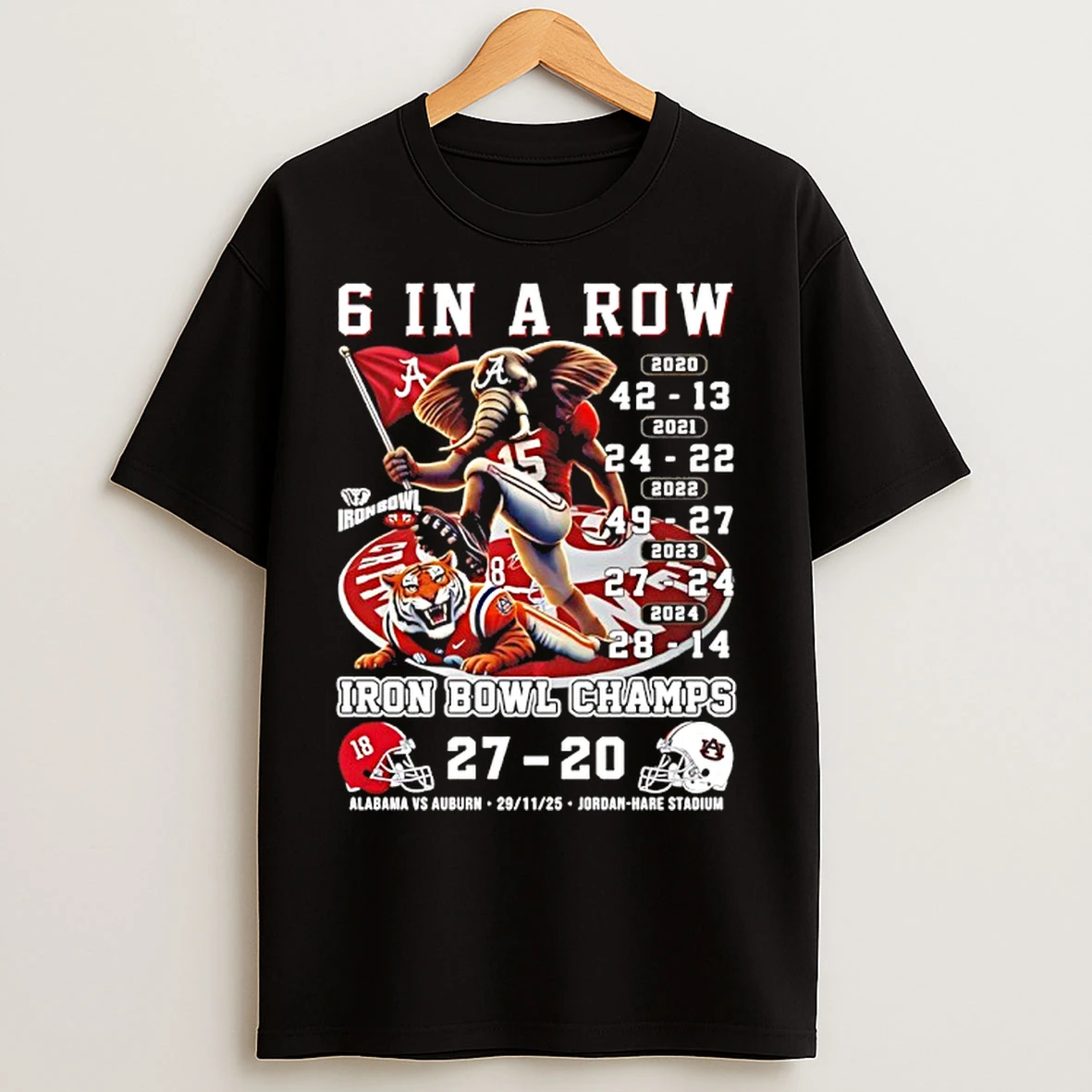 Classic Alabama Beat Auburn 27 20 Iron Bowl Champions 6 In A Row Mascot 2025 T Shirts