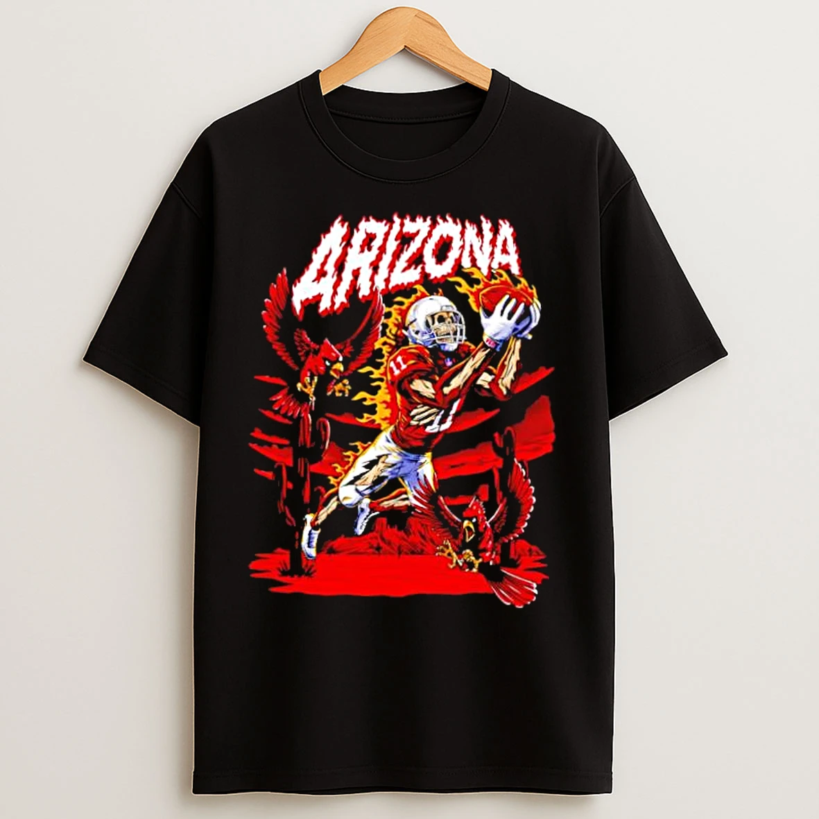 Classic Arizona Red Cardinals Skeleton Player 11 Catching Ball With Fire Birds Desert Scene T Shirts