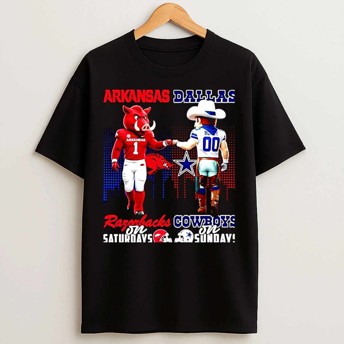 Classic Arkansas Razorbacks On Saturdays Vs Dallas Cowboys On Sundays Mascot Skyline Christmas T Shirts