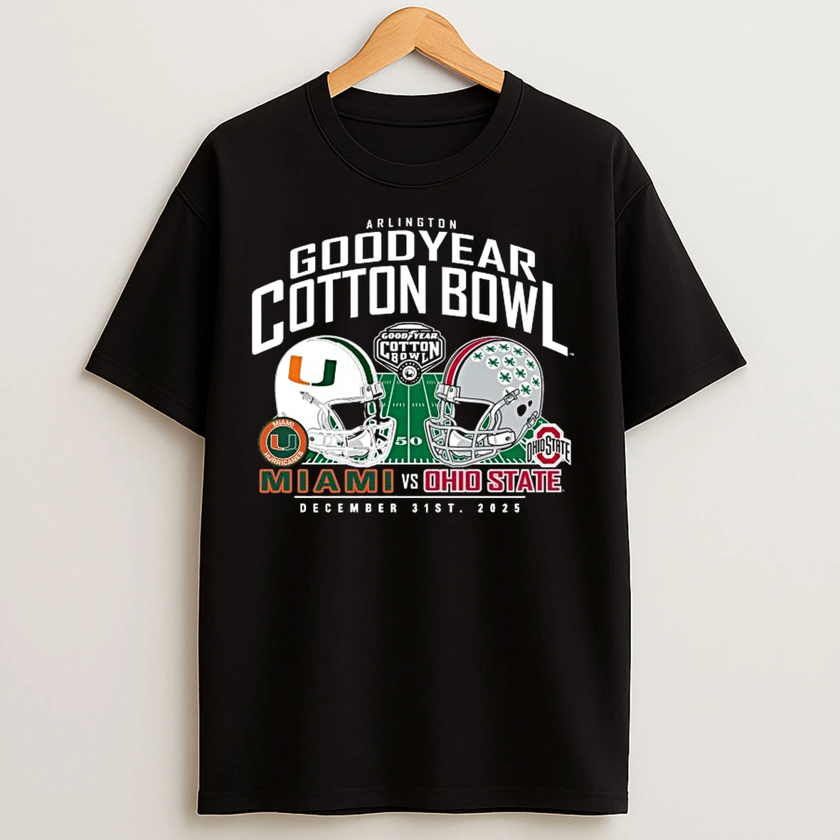 Classic Arlington Miami Hurricanes Vs Ohio State Buckeyes 2025 Cotton Bowl Helmet Matchup T Shirts
