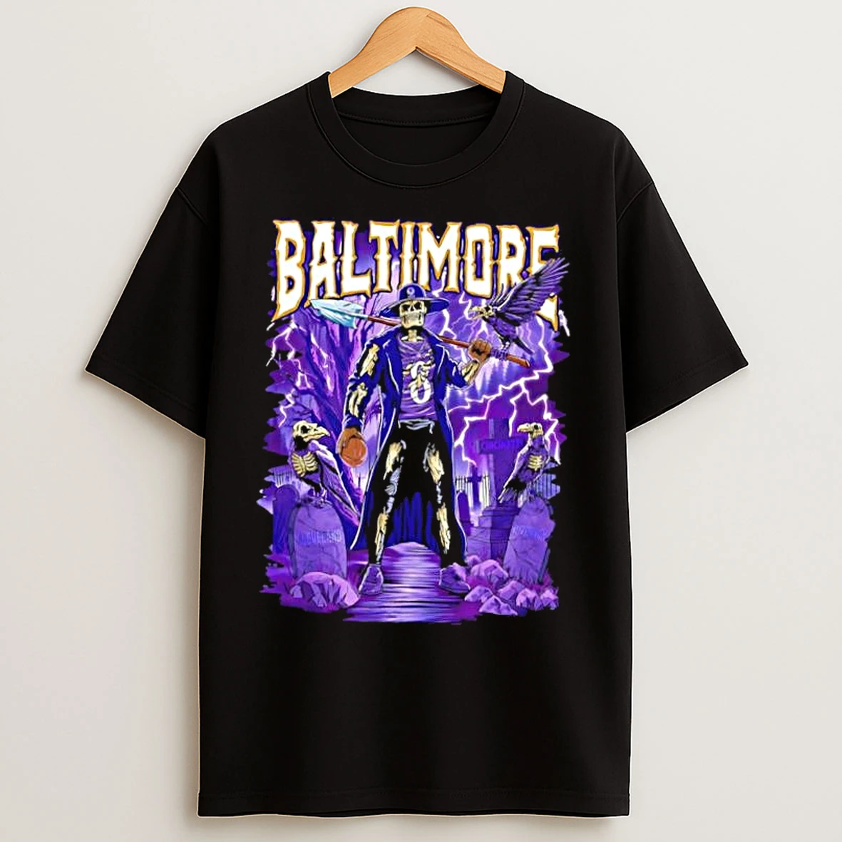 Classic Baltimore Purple Skeleton Grave Digger Shovel Player With Ravens Halloween Football T Shirts