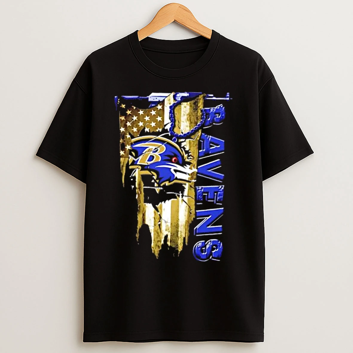 Classic Baltimore Ravens Football Battle Shattered Usa Flag Rip Design T Shirts
