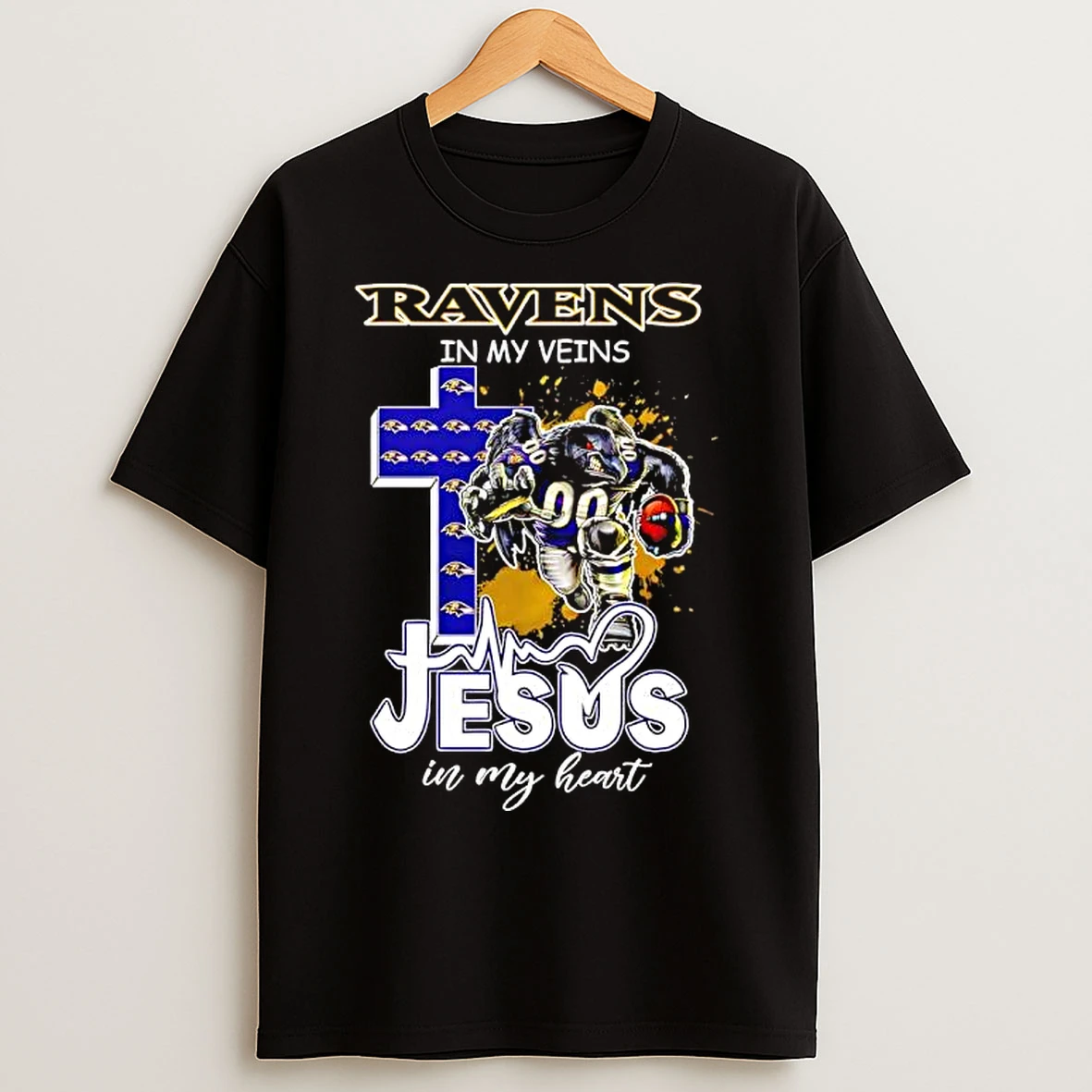 Classic Baltimore Ravens In My Veins Jesus In My Heart Features A Football Player Logos Cross T Shirts