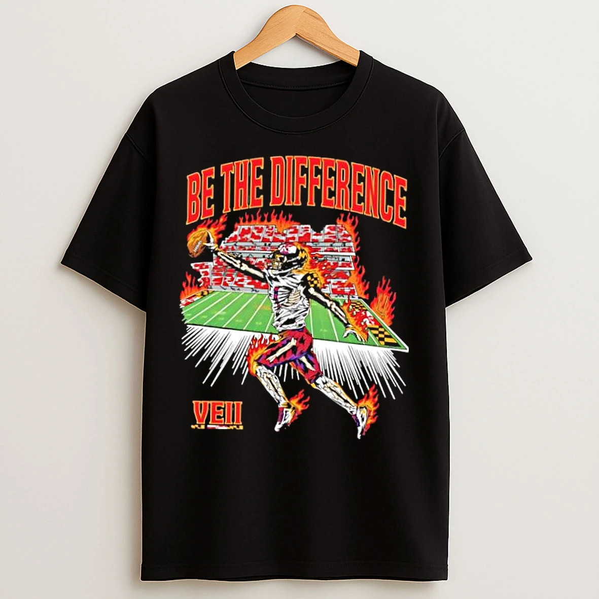 Classic Be The Difference Veii Maryland Flag Skeleton Player 1 Jumping Catching Ball On Fire T Shirts
