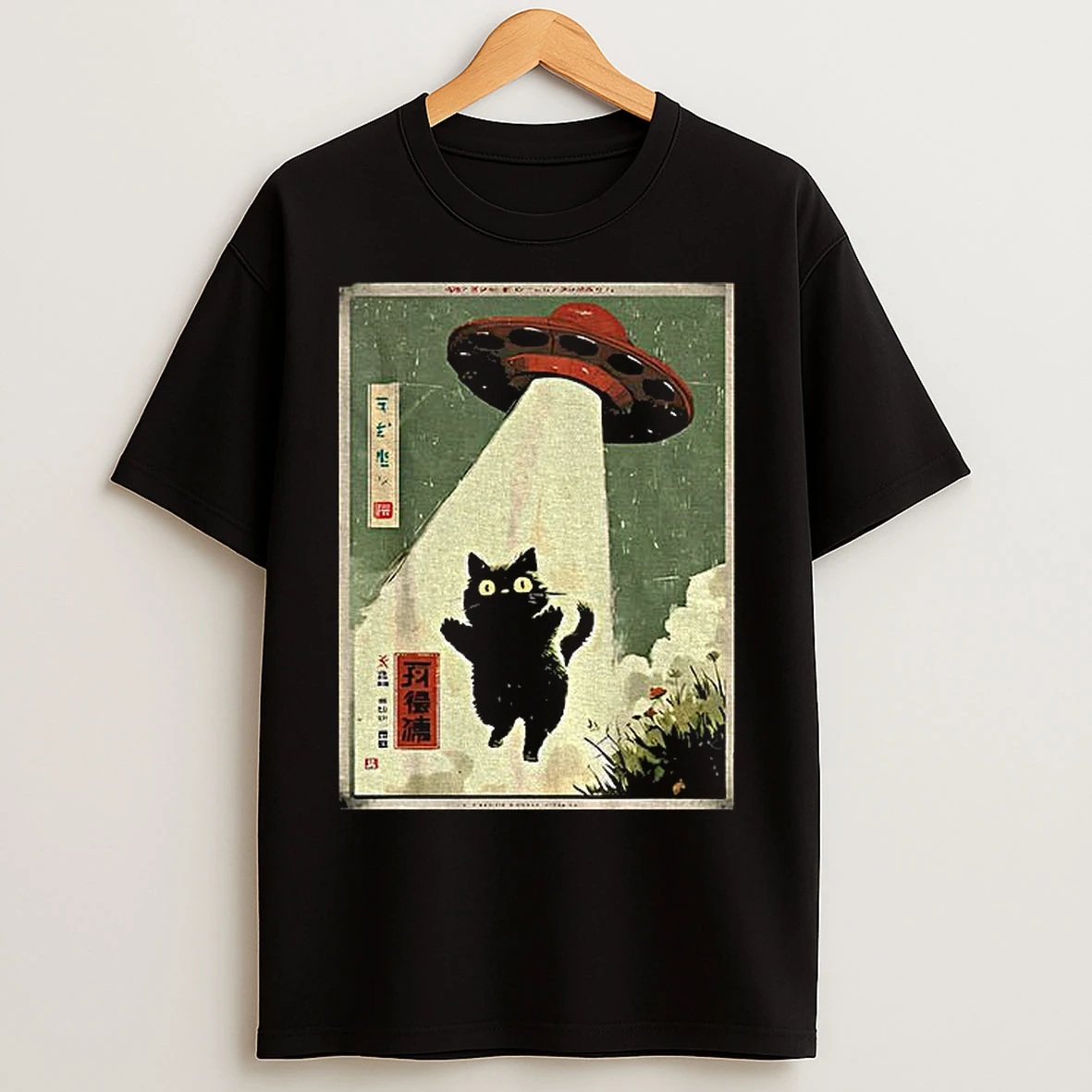 Classic Black Cat Ufo Abduction Japanese Cat Alien T Shirts