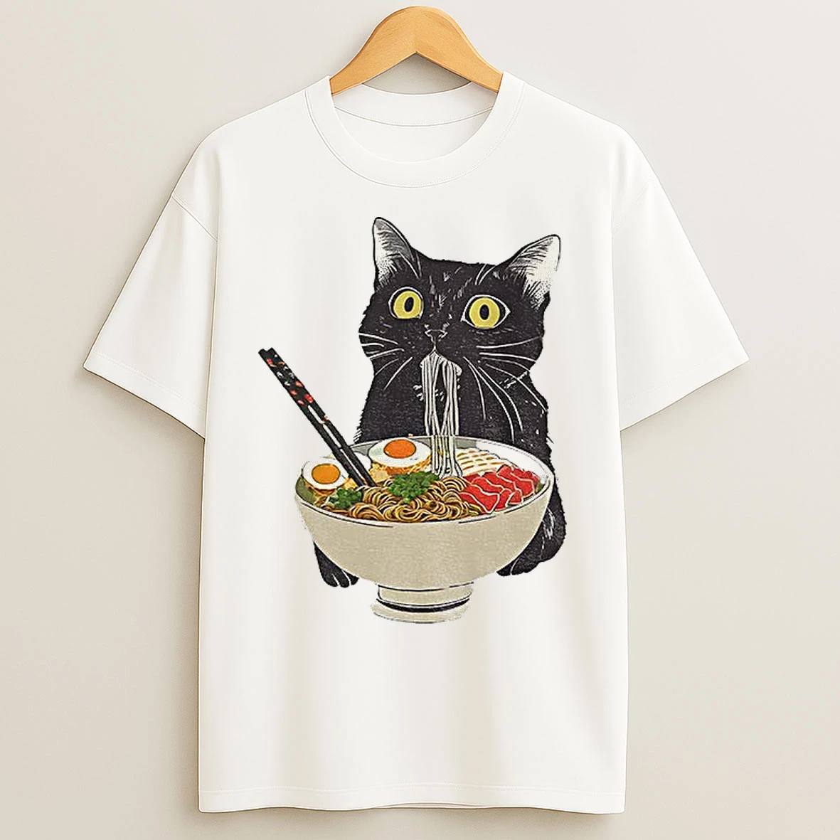 Classic Black Cat Eating Ramen Japan T Shirts