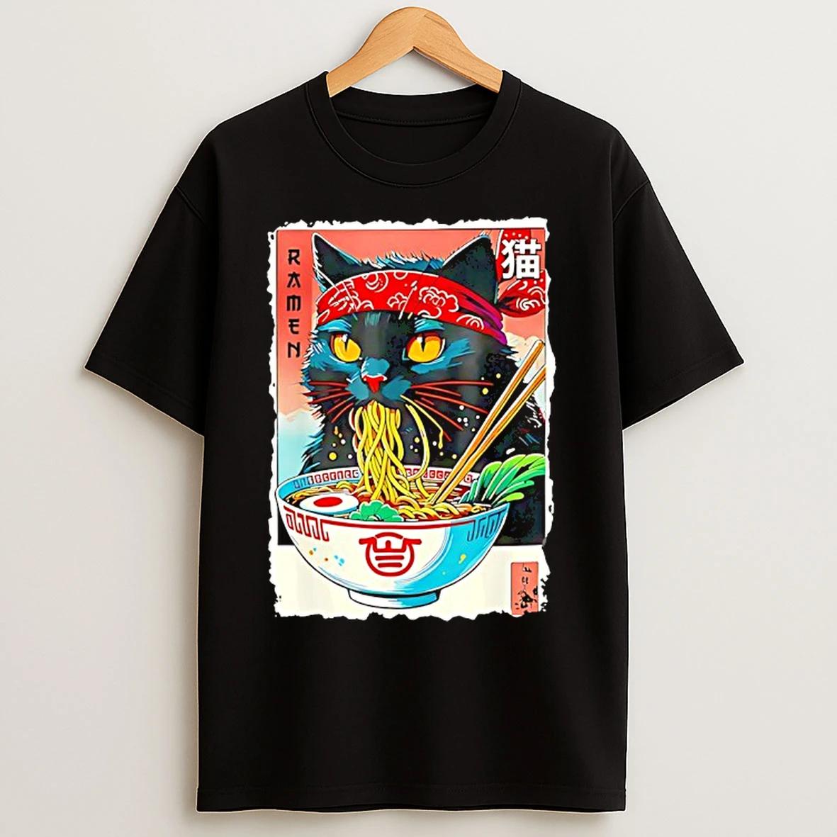 Classic Black Cat Weaing Headband And Eating Ramen Japanese Kawaii T Shirts