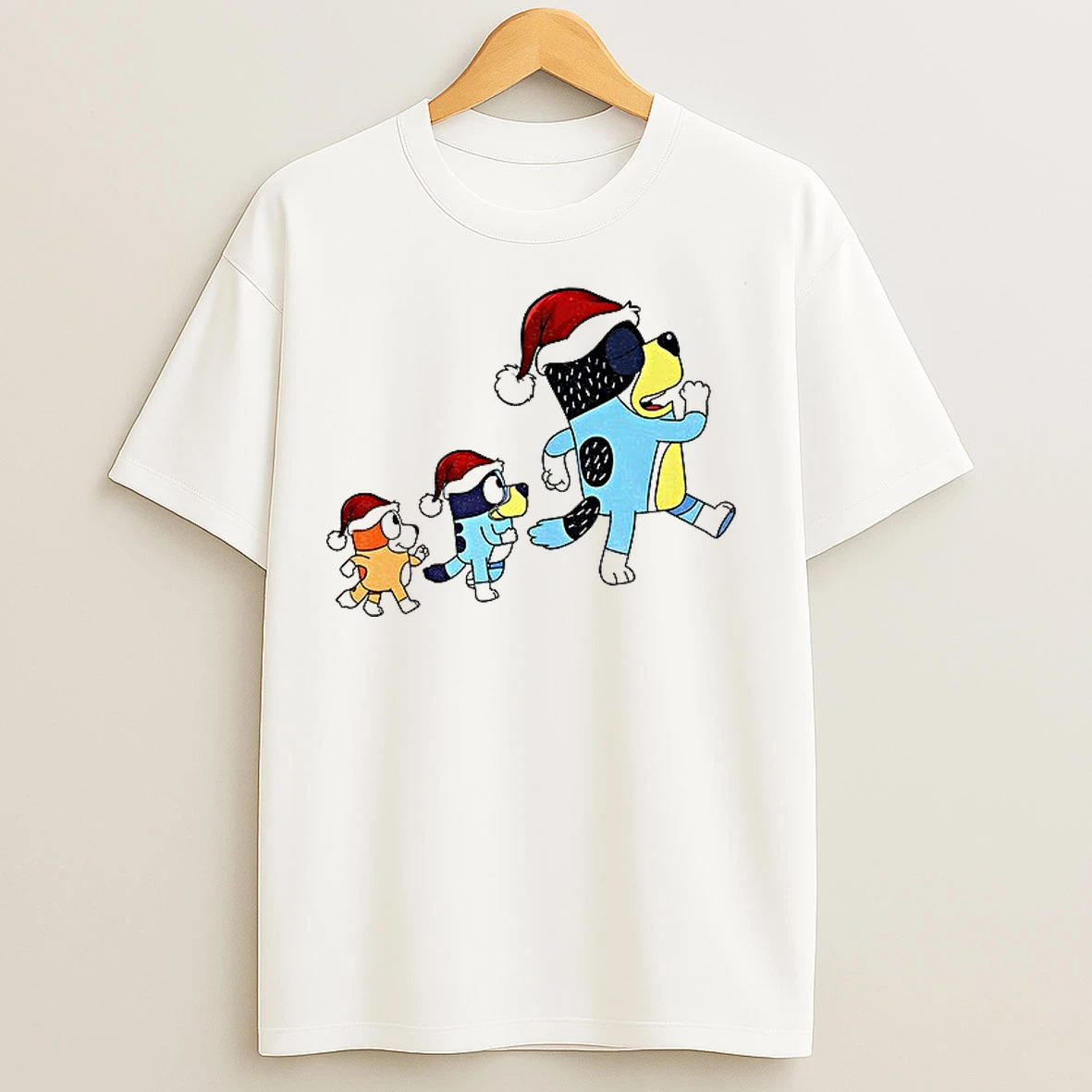 Classic Bluey Bingo And Bandit Santa Hat Walk Merry Christmas T Shirts