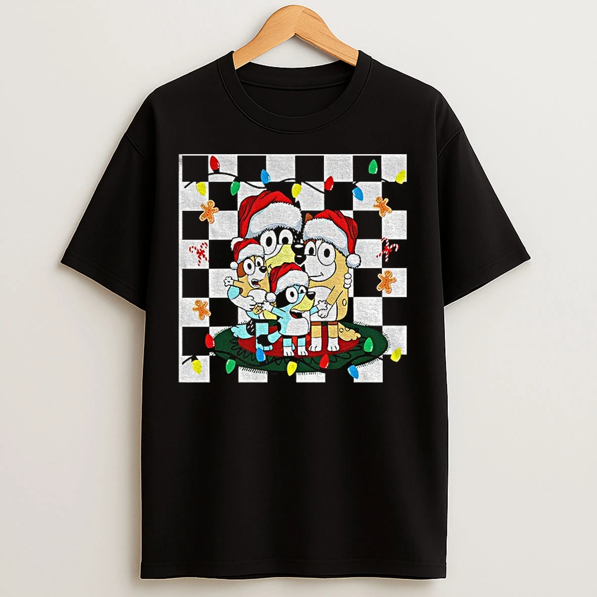 Classic Bluey Family Santa Gingerbread Checkered Pattern Merry Christmas 2025 T Shirts