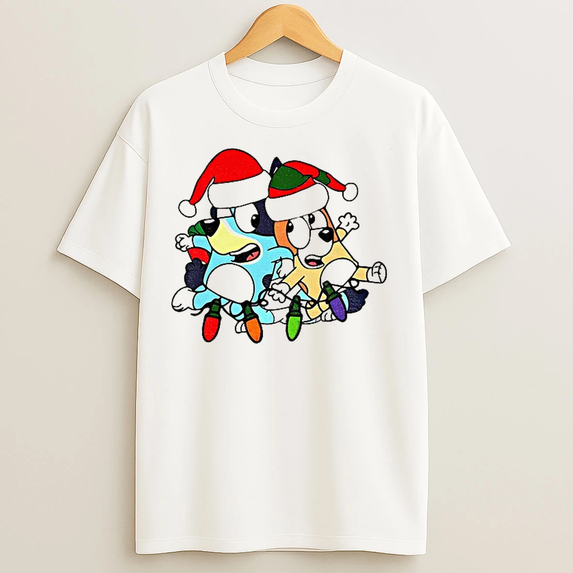 Classic Bluey And Bingo Santa Hat Christmas Lights Merry Christmas 2025 T Shirts