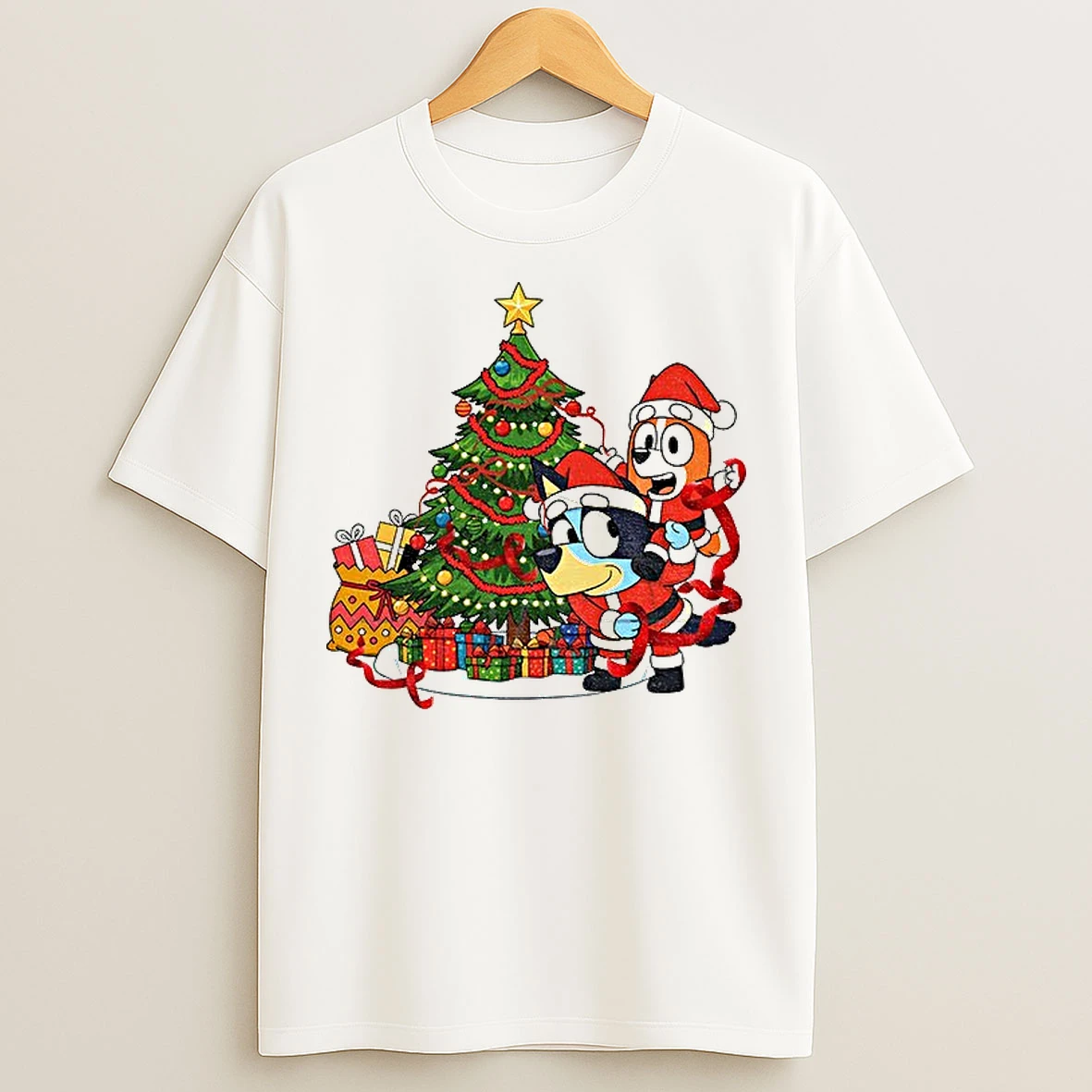 Classic Bluey And Bingo Santa Hat Christmas Tree Merry Christmas T Shirts