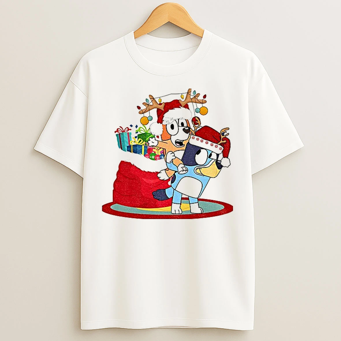Classic Bluey And Bingo Reindeer Santa Hat Merry Christmas T Shirts