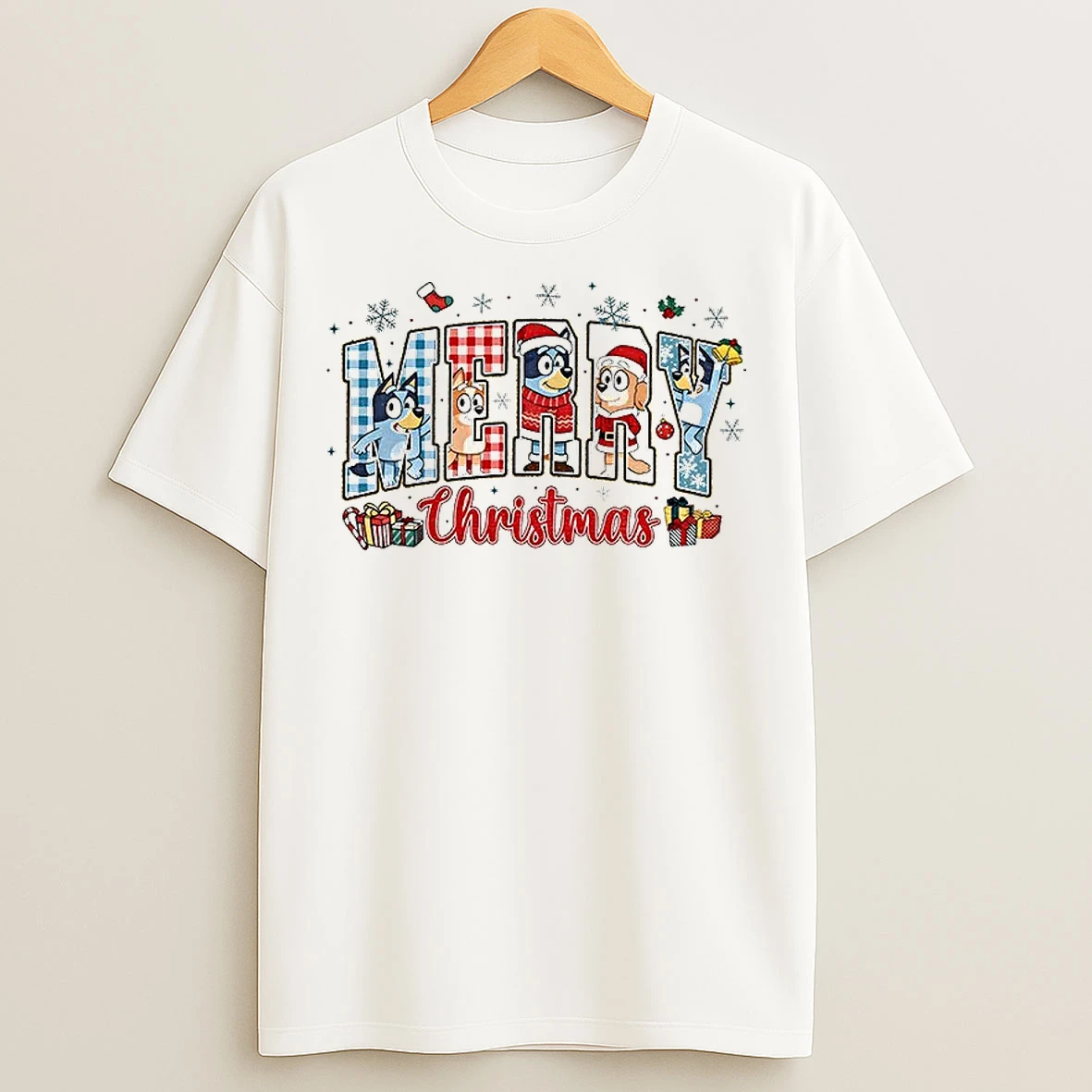 Classic Bluey Dog Santa Hat Winter Friends Merry Christmas 2025 T Shirts