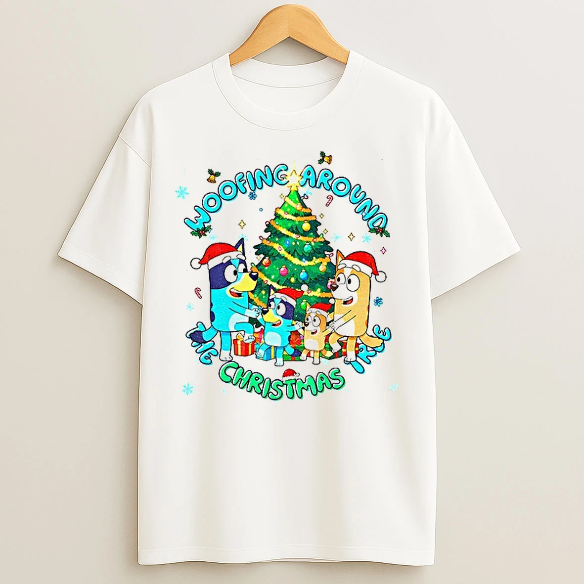 Classic Bluey Family Santa Hat Woofing Around The Christmas Tree Merry Christmas T Shirts