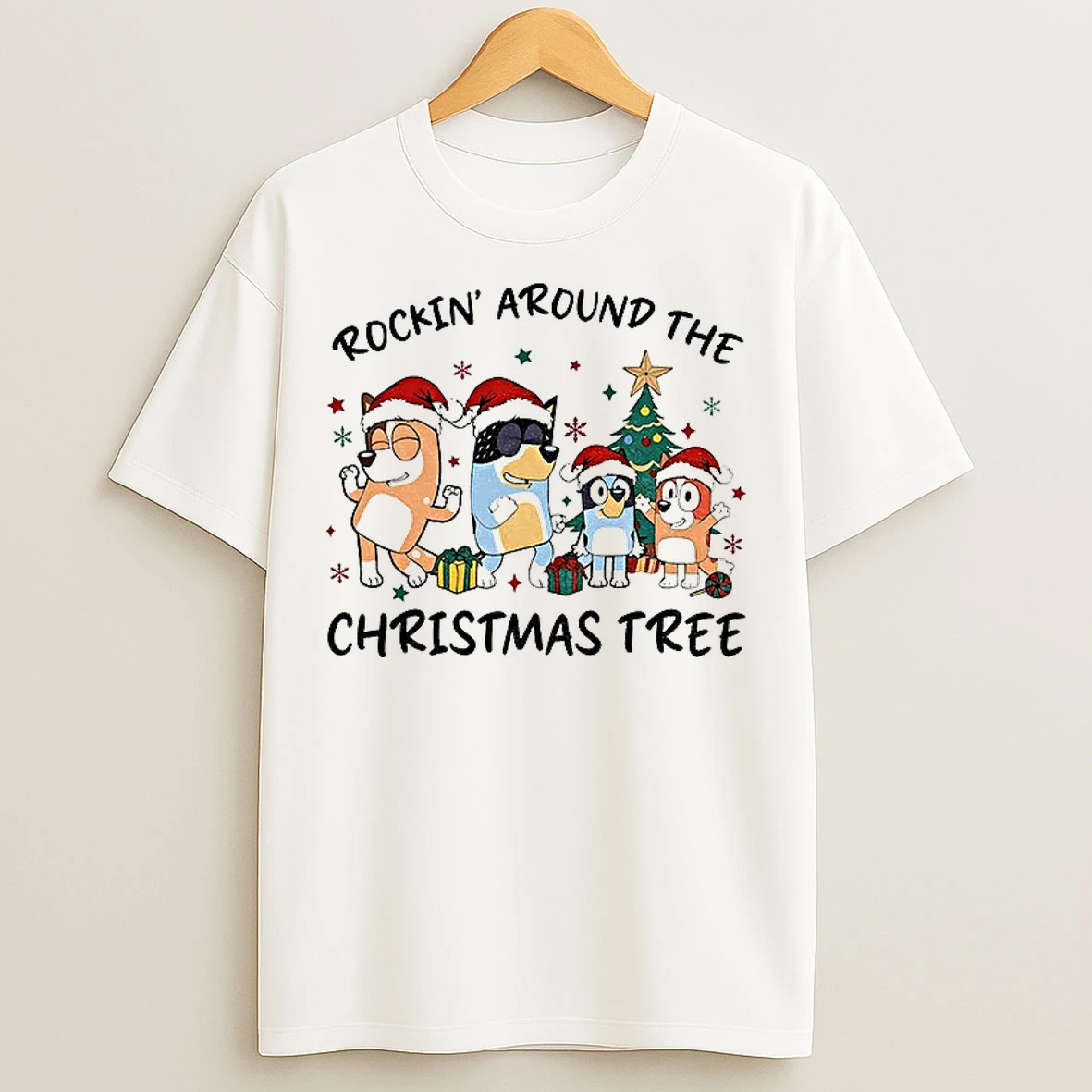 Classic Bluey Family Santa Hat Rockin Around The Christmas Tree Merry Christmas 2025 T Shirts