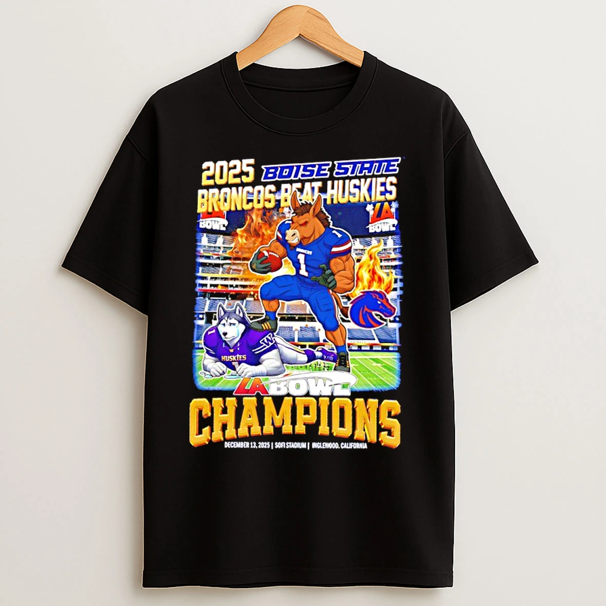 Classic Boise State Broncos Beat Huskies 2025 La Bowl Champions Mascot T Shirts