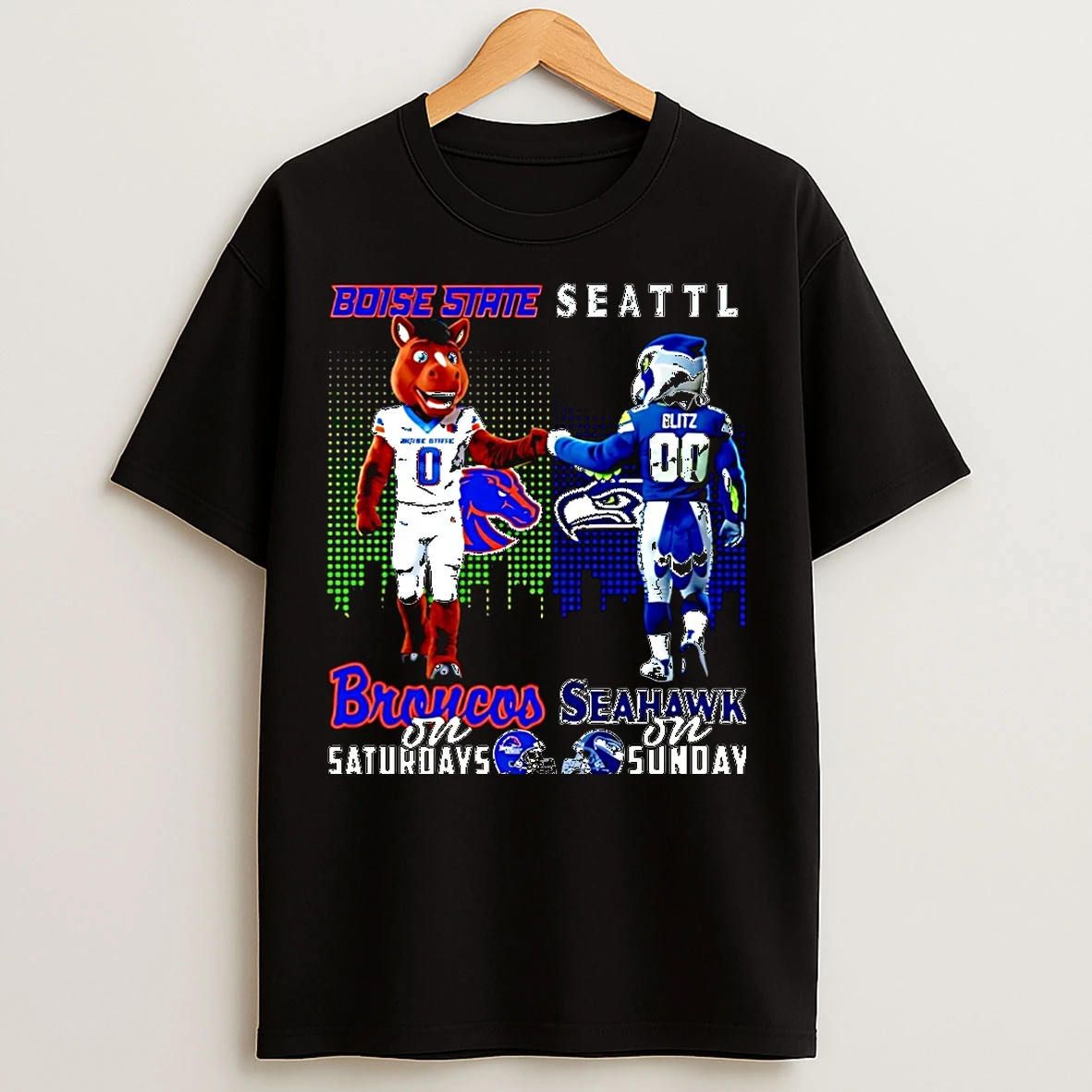 Classic Boise State Broncos On Saturdays Vs Seattle Seahawks On Sundays Mascot Skyline Christmas T Shirts