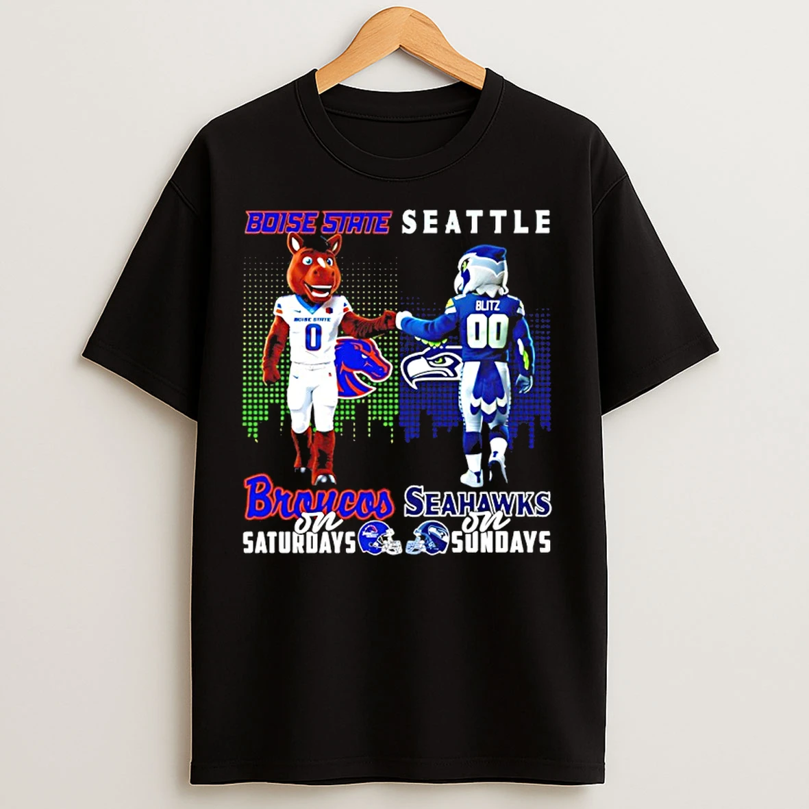 Classic Boise State Broncos On Saturdays Vs Seattle Seahawks On Sundays Mascot Skyline T Shirts