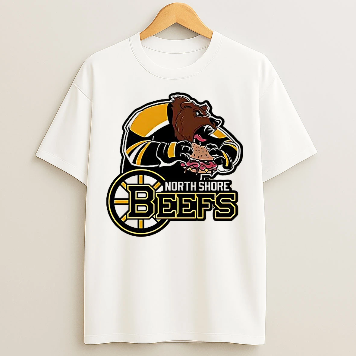 Classic Boston Bruins Hockey North Shore Beefs Bear Mascot T Shirts