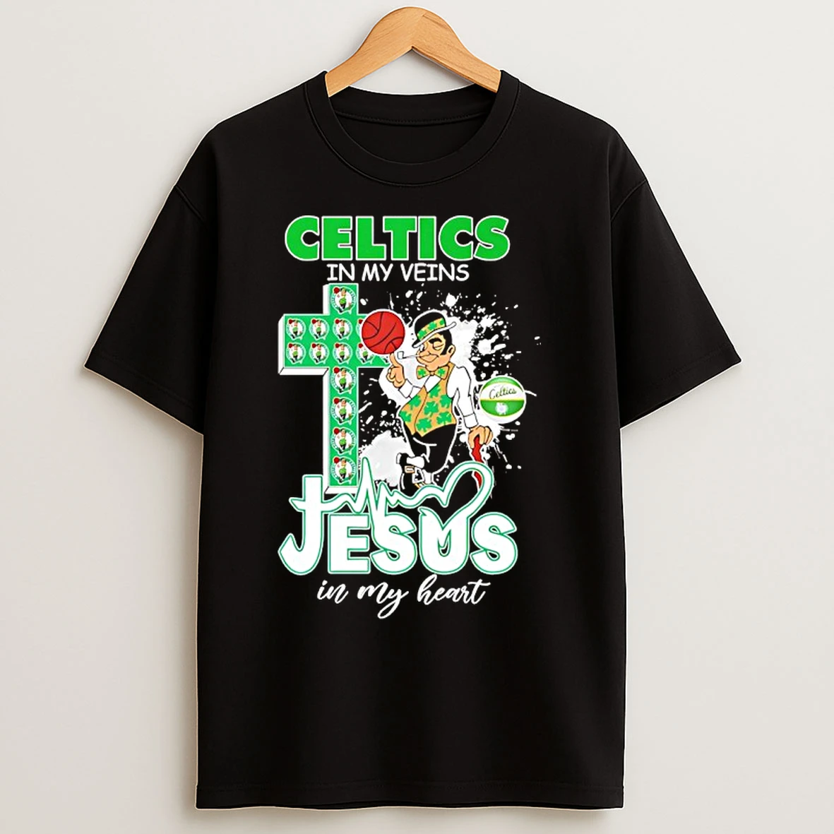 Classic Boston Celtics In My Veins Jesus In My Heart Mascot T Shirts