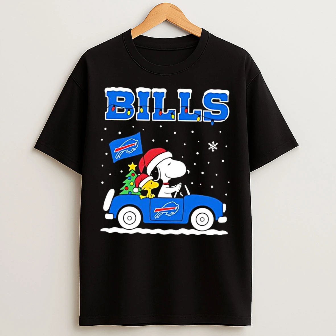 Classic Buffalo Bills Snoopy And Woodstock Santa Christmas Go By Car T Shirts